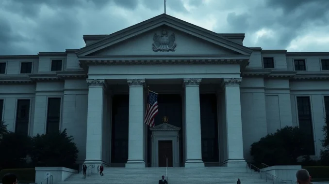 Federal Reserve building with a split decision board on interest rates