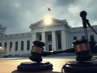 A gavel and microphone against the Federal Reserve building, symbolizing the fight for Federal Reserve transparency and public access to FOMC meetings.
