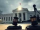 A gavel and microphone against the Federal Reserve building, symbolizing the fight for Federal Reserve transparency and public access to FOMC meetings.