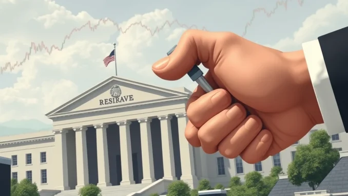 A stable hand representing the **Federal Reserve** holds a lever, symbolizing its control over **interest rates**, impacting both traditional and **crypto market impact**.