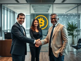 Fidelity Metaplanet executives shaking hands, symbolizing a significant institutional investment in Bitcoin adoption and digital asset custody.