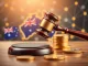 Australian court gavel over blockchain, symbolizing the landmark ruling on Finder Earn's classification as a non-financial product.