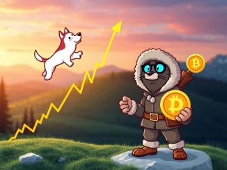 A bullish chart showing FLOKI price surge, with a dog-themed coin and an Arctic explorer representing Arctic Pablo Coin, highlighting the exciting FLOKI price movement.