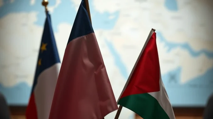 Diplomatic handshake representing France's recognition of Palestinian statehood, a landmark G7 move amidst the Gaza crisis.