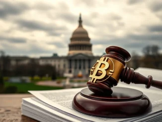 A gavel on legislative documents, symbolizing the US House's pivotal vote on the GENIUS stablecoin bill and broader crypto regulation.