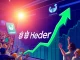 A digital screen displaying HBAR price surging after its Robinhood listing, symbolizing a new era for retail crypto trading.