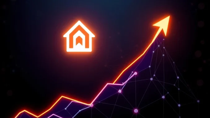 A vibrant upward trending graph with the HOME token logo, symbolizing the recent cryptocurrency surge driven by strategic partnerships.