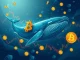 A large digital whale navigating a cryptocurrency market, symbolizing the Hyperliquid whale's significant BTC long position and potential gains.