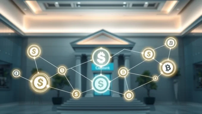 Industrial Bank embracing stablecoins for digital transformation, symbolizing traditional finance's integration with blockchain technology.