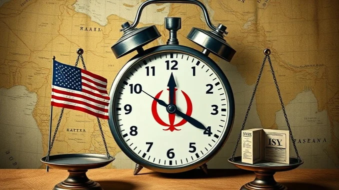 Depicts the looming Iran sanctions deadline, illustrating the geopolitical pressure on nuclear negotiations and global economic implications.