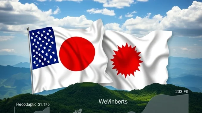 Flags of Japan and the US shaking hands over a globe, symbolizing the significant Japan US trade deal and investment agreement.