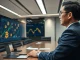 A Japanese executive reviewing financial data with a Bitcoin overlay, symbolizing Kitabo's strategic Bitcoin allocation for corporate treasury diversification.