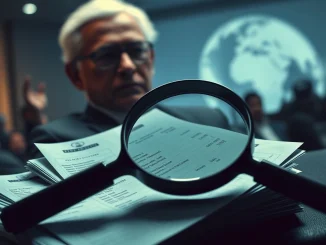 An investigative spotlight on Klaus Schwab's questionable WEF travel expenses, symbolizing scrutiny over financial conduct.