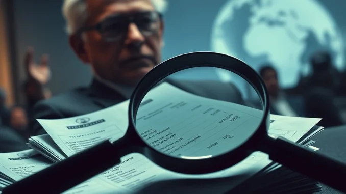 An investigative spotlight on Klaus Schwab's questionable WEF travel expenses, symbolizing scrutiny over financial conduct.