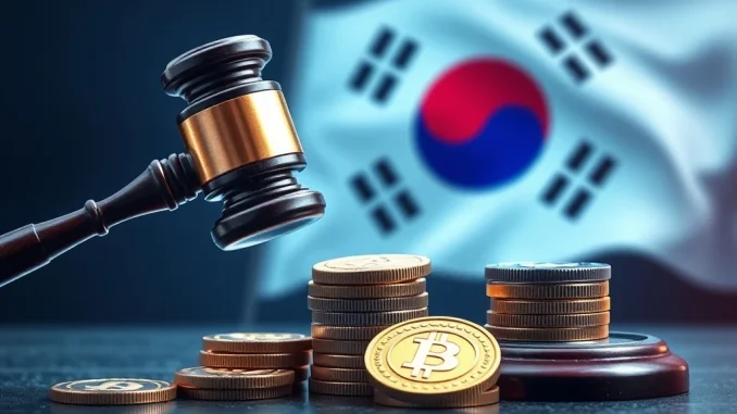 Gavel hitting digital coins, representing the delay of Korea Digital Asset Act and regulatory challenges in South Korea's crypto market.