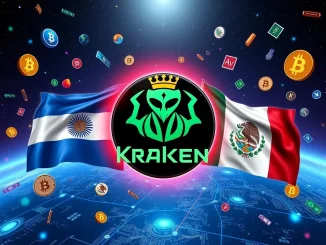 Kraken's logo merging with Argentine and Mexican flags, symbolizing new local currency support for crypto users in Latin America.