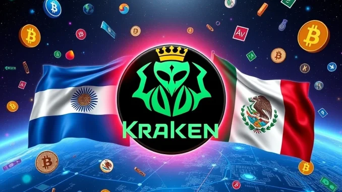 Kraken's logo merging with Argentine and Mexican flags, symbolizing new local currency support for crypto users in Latin America.