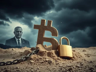 An illustration representing the LIBRA token scandal, with frozen assets and a collapsing digital currency symbol, highlighting the financial turmoil.