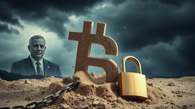 An illustration representing the LIBRA token scandal, with frozen assets and a collapsing digital currency symbol, highlighting the financial turmoil.