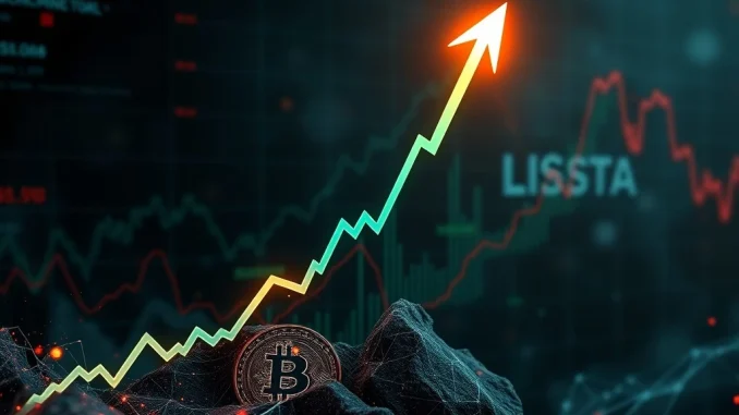 A dramatic crypto price chart illustrating the rapid LISTA token surge, symbolizing extreme market volatility and investor trading activity.