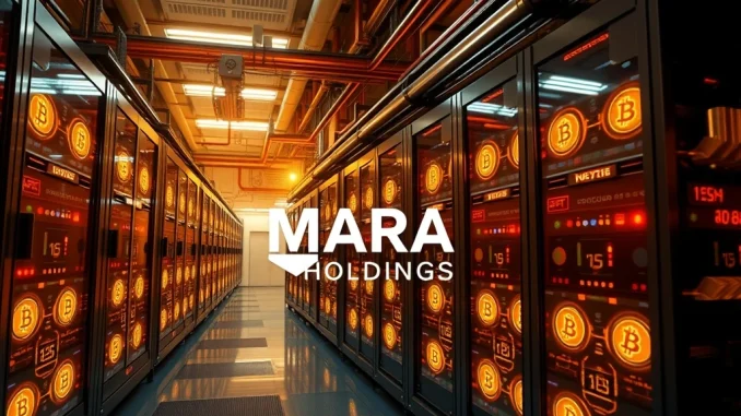 MARA Holdings Bitcoin mining facility with advanced technology and glowing ASIC machines.