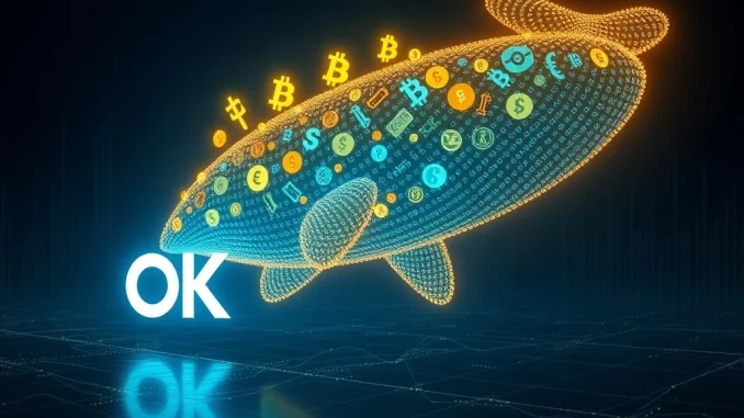Massive USDT Transfer Unveils Mysterious Whale Movement to OKX Visualizing a significant USDT transfer as a digital whale moves funds to OKX, highlighting the impact of large crypto transactions.