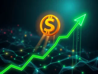 A vibrant upward arrow representing the MAV crypto surge, overlaid on a blockchain network with strategic development icons.