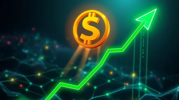 MAV Unleashes Phenomenal 893% Surge Amid Revolutionary Blockchain Developments A vibrant upward arrow representing the MAV crypto surge, overlaid on a blockchain network with strategic development icons.