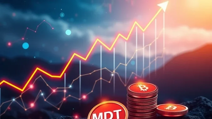 A vibrant digital chart showing a massive MDT token cryptocurrency surge, symbolizing rapid growth and blockchain developments.