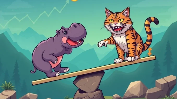 A visual representation of the intense meme coin rivalry, showcasing the contrasting growth of Moo Deng and Troller Cat's crypto ROI.