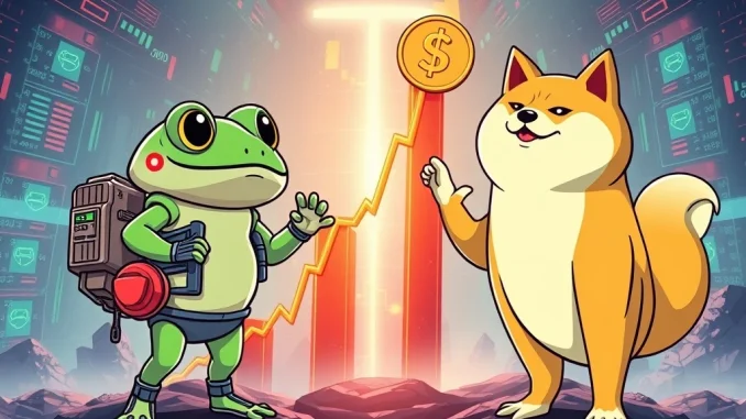 Visualizing the intense meme coin rivalry, showing LILPEPE's rapid growth contrasting with DOGE's steady climb towards $1.