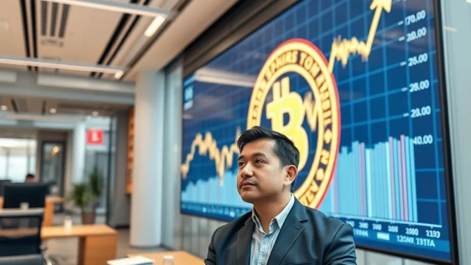 A Tokyo tech firm executive overseeing a digital display showing a rising Bitcoin price, symbolizing Metaplanet's strategic Bitcoin acquisition.