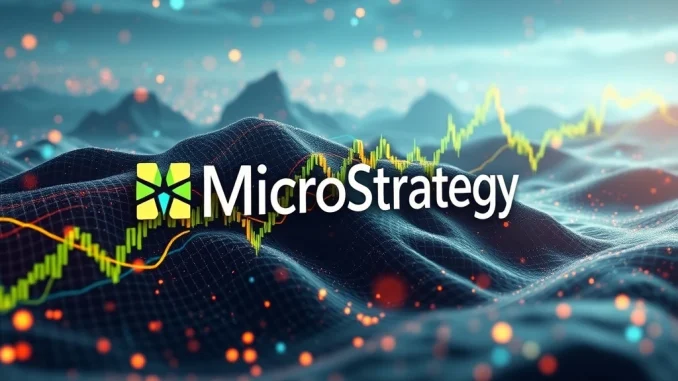 MicroStrategy stock chart with Bitcoin blockchain background highlighting cryptocurrency growth