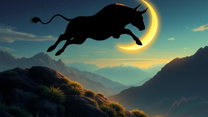 A vibrant illustration of MoonBull ($MOBU) soaring high, symbolizing its emergence as a top meme coin fueled by Ethereum News Today and Solana's market momentum.