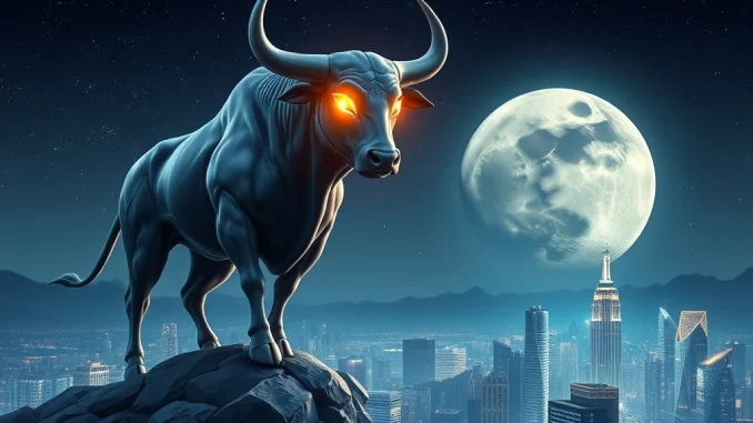 MoonBull Whitelist: Unlocking Exclusive Access in the 2025 Meme Coin Race A powerful bull on the moon, symbolizing MoonBull's ascent in the 2025 meme coin race through its exclusive whitelist.