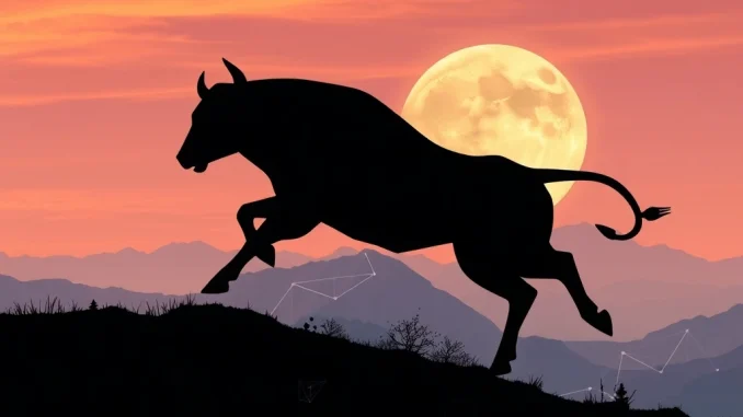 A bullish MoonBull crypto symbol ascending towards a moon, representing the potential for a new meme coin to explode in value, while highlighting the importance of a crypto whitelist.