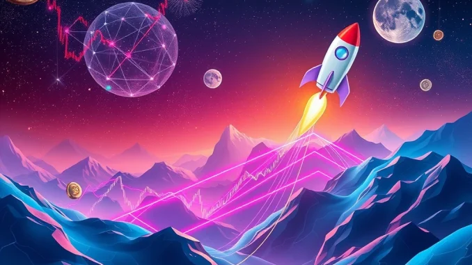 A rocket launching towards the moon, symbolizing the explosive potential of moonshot tokens, with AI, DeFi, and meme coin elements integrated.