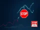 A red chart arrow indicating a sharp decline in MOVE token price, surrounded by icons of regulatory warnings and exchange delisting symbols.
