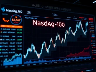 Nasdaq-100 index reaching a record high on a digital stock market dashboard