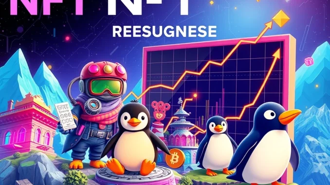 An artistic representation of the booming NFT market, showing growth charts and prominent blue-chip NFTs like Pudgy Penguins, symbolizing the NFT market resurgence.