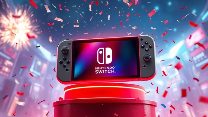 A triumphant Nintendo Switch 2 console symbolizing its phenomenal US sales record and the explosive growth in gaming hardware spending.