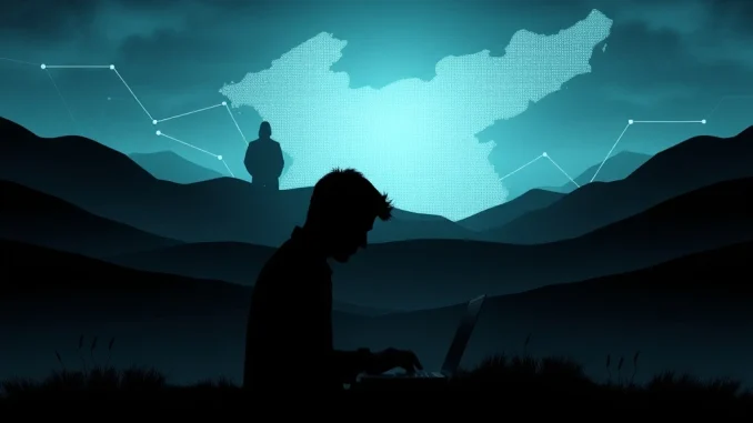 An illustration showing the shadowy threat of North Korean IT Worker remote work fraud affecting secure systems.