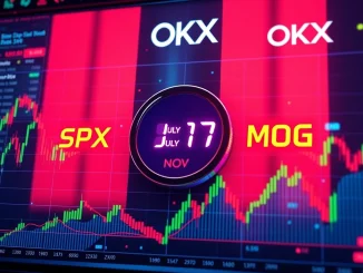 A digital trading screen showing OKX charts, symbolizing the launch of USELESS and NEWT OKX perpetual futures for crypto trading.