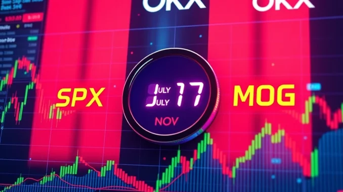 A digital display showing the launch of OKX perpetual futures for SPX6900 and Mog Coin, highlighting new trading opportunities.