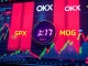 A digital trading screen showing OKX charts, symbolizing the launch of USELESS and NEWT OKX perpetual futures for crypto trading.