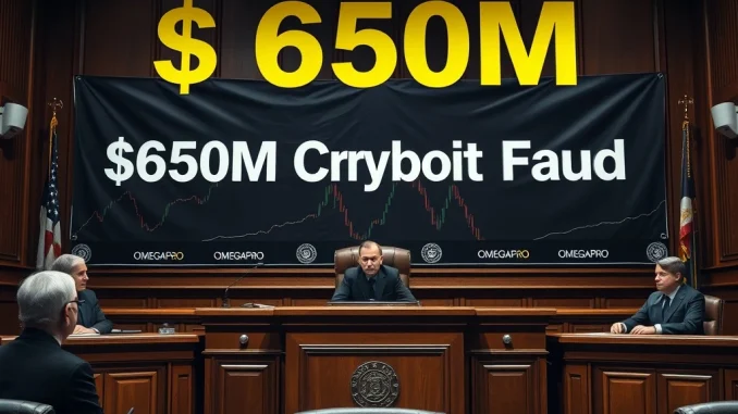 Shocking $650M OmegaPro Crypto Fraud Exposed: Two Indicted in Forex Trading Scam Courtroom scene depicting the $650M OmegaPro crypto fraud case with defendants and judge.