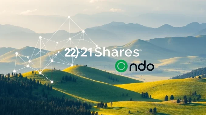 Conceptual image showing the convergence of crypto and traditional finance, highlighting 21Shares' Ondo ETF filing for tokenized assets.