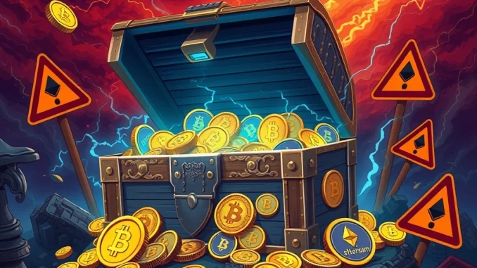 Warning signs around an overflowing crypto treasure chest with Bitcoin and Ethereum coins