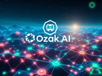 Ozak AI logo superimposed over a futuristic AI crypto network, symbolizing its presale and potential growth.