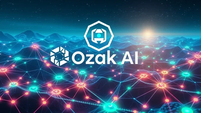 Ozak AI logo superimposed over a futuristic AI crypto network, symbolizing its presale and potential growth.